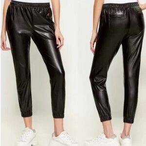 David Lerner Black Faux Leather Pull On Track Pants